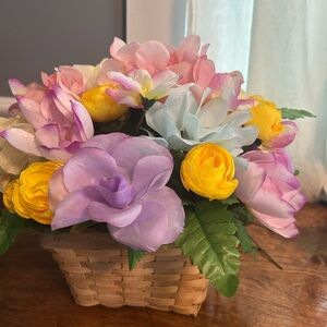 Hand crafted. Pink and Yellow Faux Floral Accents in Rustic Basket. New
